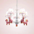 Whimsical Merry-Go-Round Chandelier: Cartoon Metal Hanging Light With 5 Bulbs For Game Room Pink