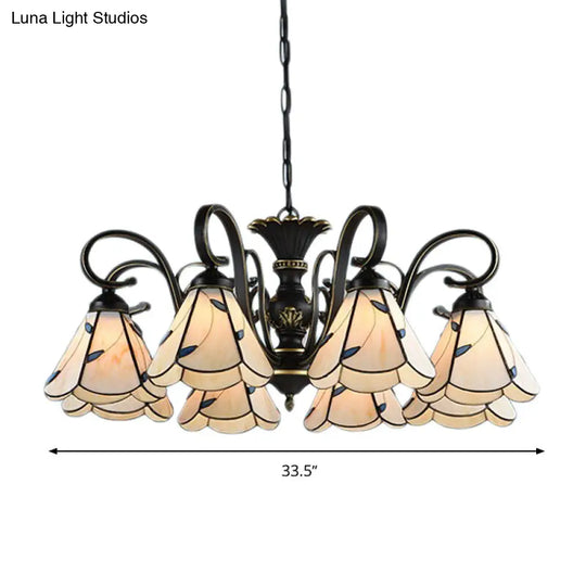 Mediterranean Conical Chandelier Lamp With White/Blue Glass - 5/6/8 Lights Ceiling Light For Living