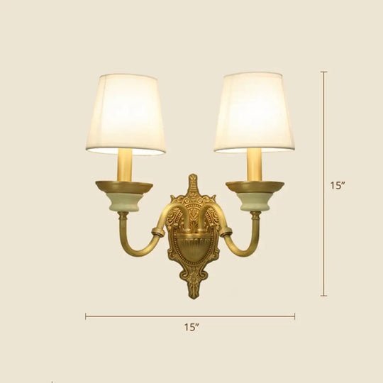White And Brass Fabric Wall Mounted Light - Minimalist Tapered Sconce 2 /