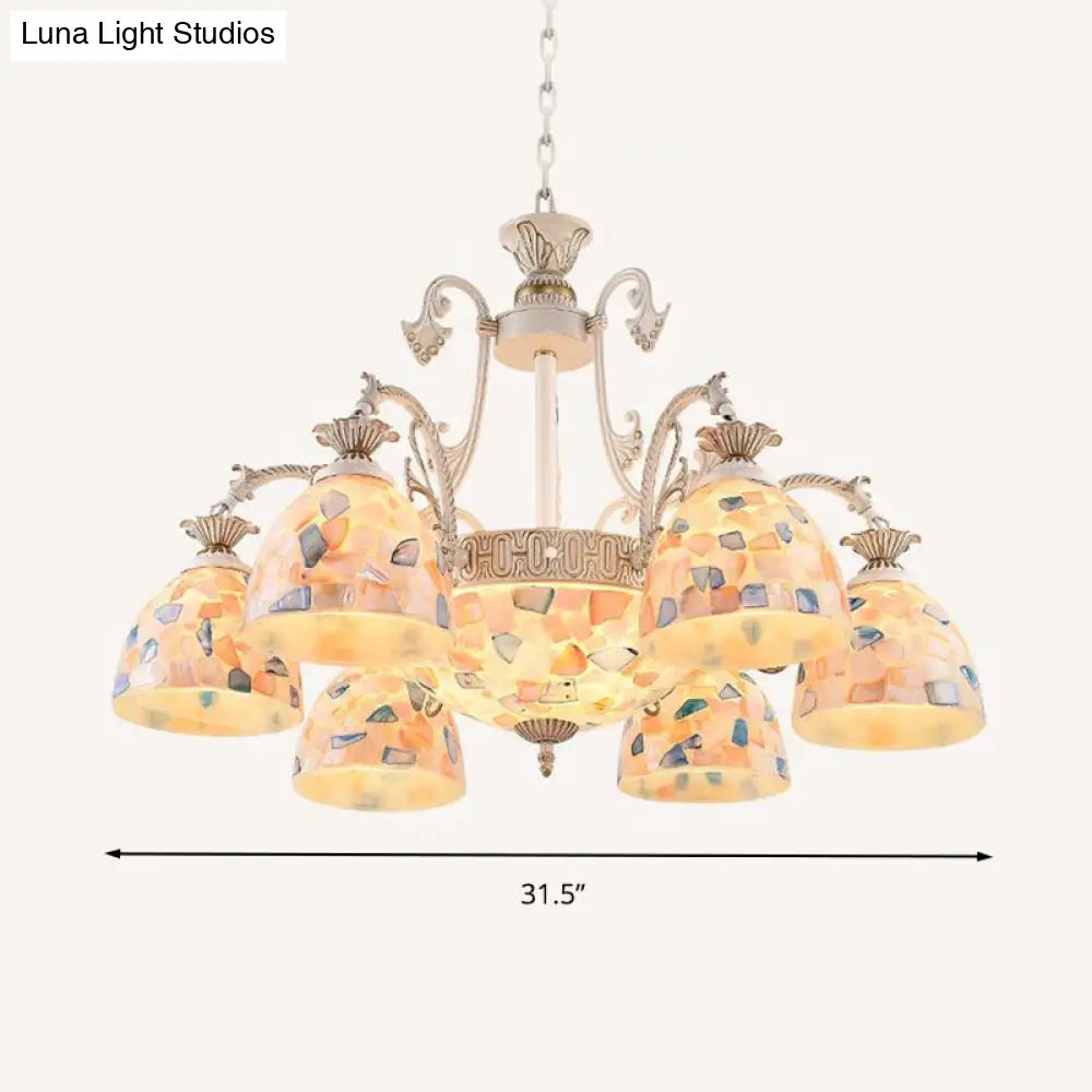 White And Gold Stained Glass Dome Chandelier - Tiffany Pendant Light With 3/5/9 Lights