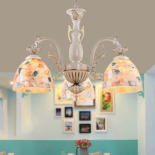 White And Gold Stained Glass Tiffany Pendant Chandelier - Dome Design With 3/5/9 Lights Ceiling