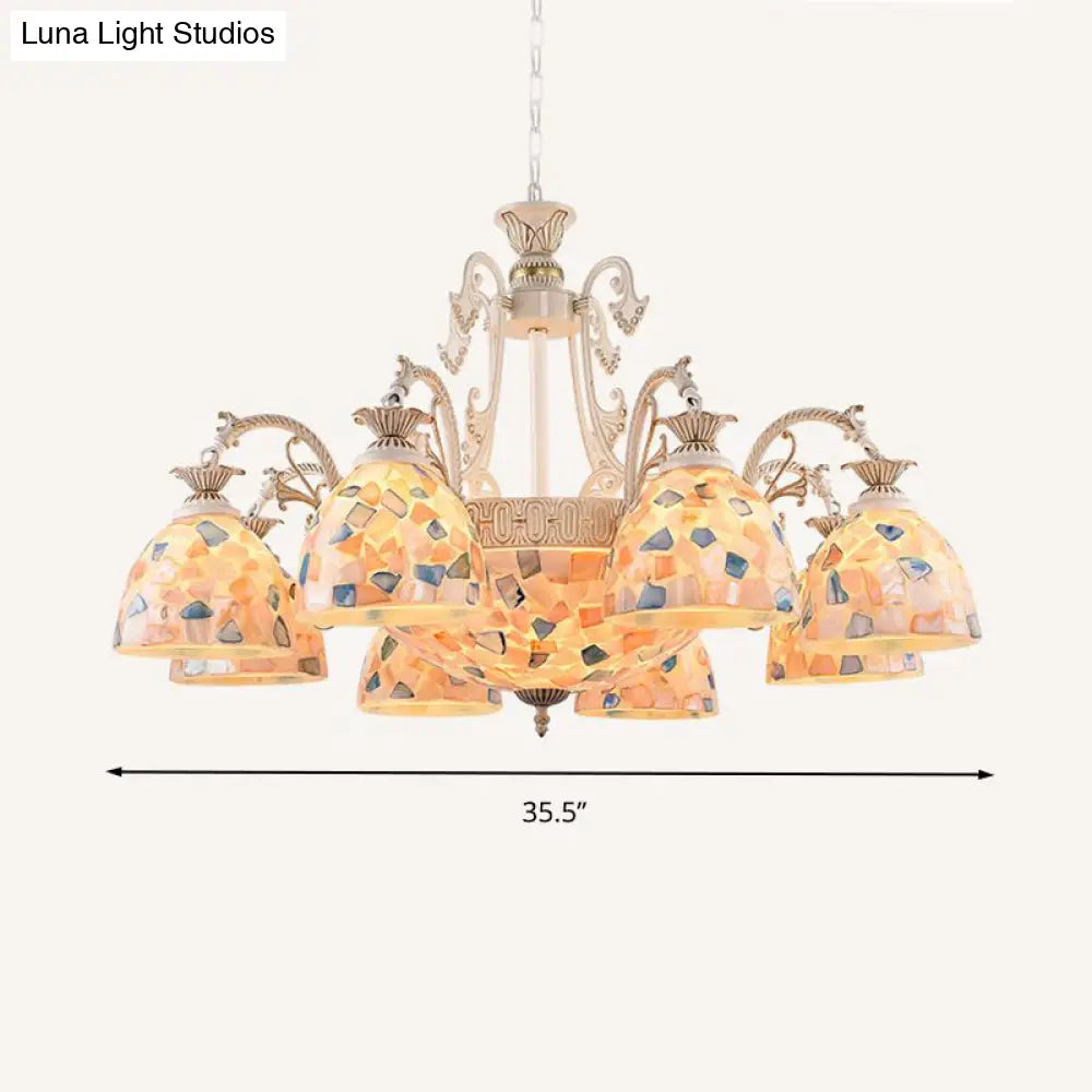 White And Gold Stained Glass Tiffany Pendant Chandelier - Dome Design With 3/5/9 Lights Ceiling
