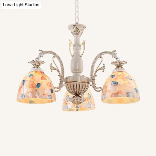 White And Gold Stained Glass Dome Chandelier - Tiffany Pendant Light With 3/5/9 Lights