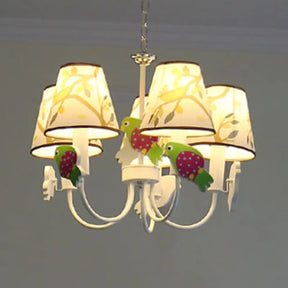 White Animal Tapered Shade Hanging Lamp With Bird Design - 5 Lights Fabric Chandelier For Living