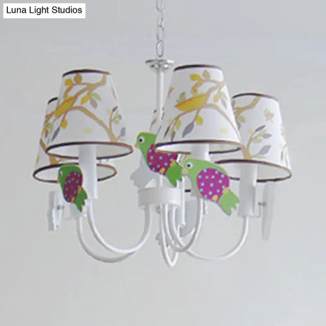 White Animal Tapered Shade Hanging Lamp With Bird Design - 5 Lights Fabric Chandelier For Living