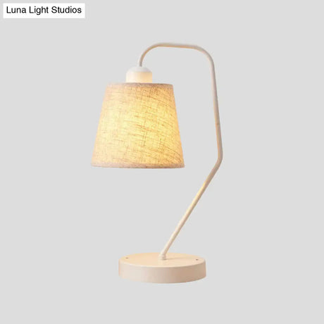 White Barrel Table Lamp - Modern Fabric Night Light For Bedroom With Curved Arm