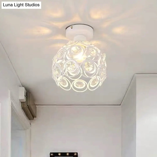 White/Black Domed Flush Mount Light With Crystal Bead Accent - Modern Metal Ceiling For Kitchen