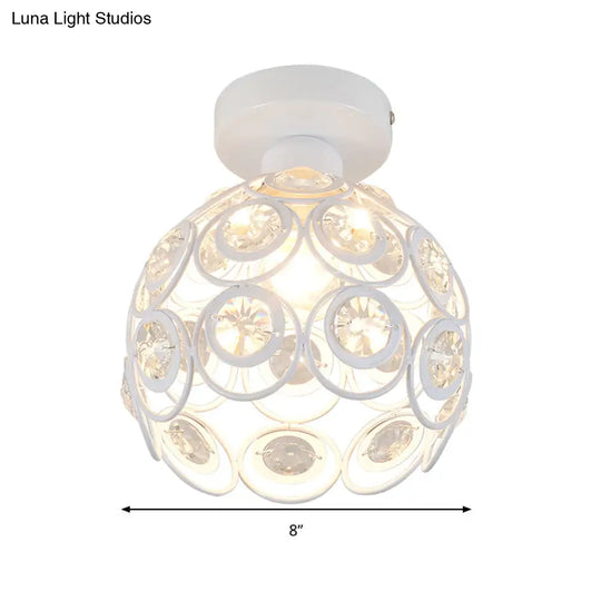 White/Black Domed Flush Mount Light With Crystal Bead Accent - Modern Metal Ceiling For Kitchen