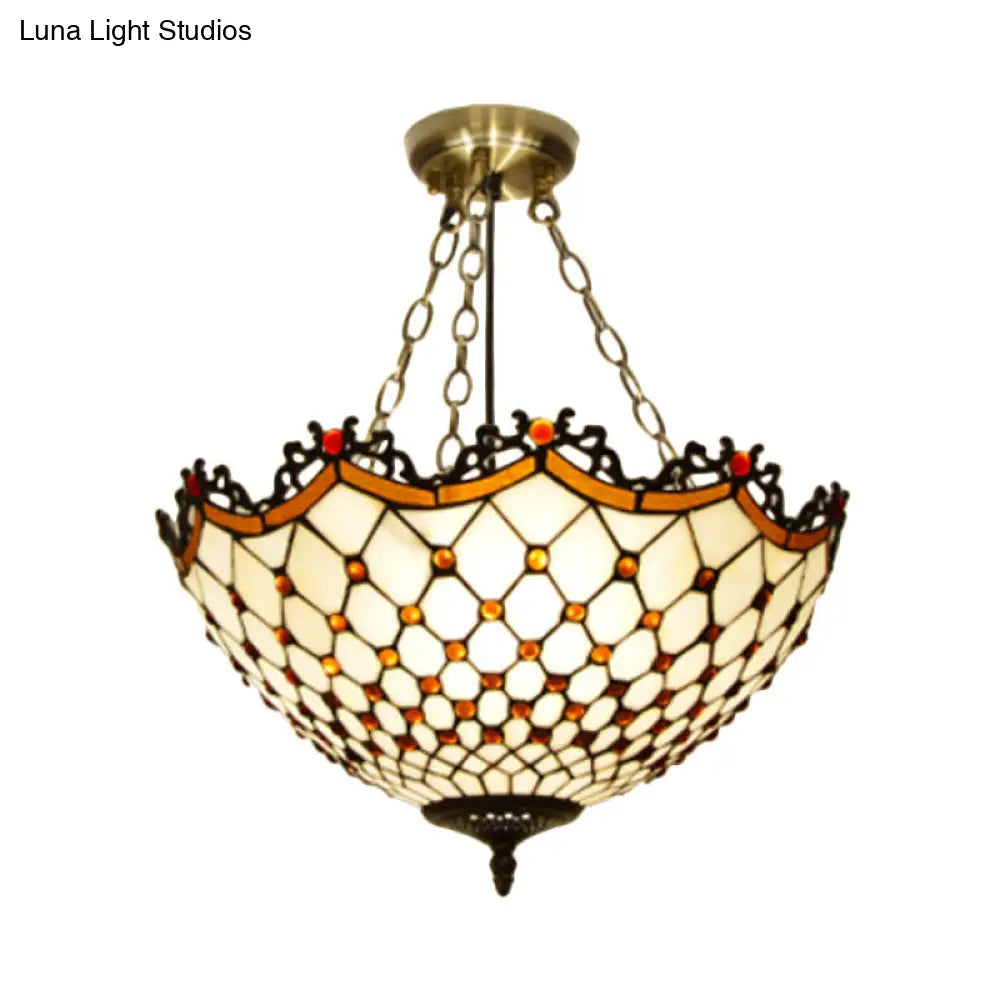 White/Blue Glass Baroque Ceiling Lamp - 3-Light Semi Mount Lighting Bowl For Living Room