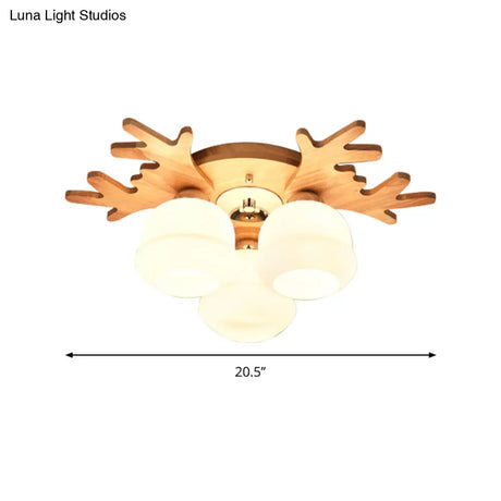 White Bud Shade Ceiling Mount Light With Beige Antlers - Kid Bedroom’s Lovely Wooden Lamp