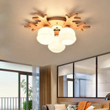 White Bud Shade Ceiling Mount Light With Beige Antlers - Kid Bedroom’s Lovely Wooden Lamp 3 / Wood