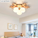 White Bud Shade Ceiling Mount Light With Beige Antlers - Kid Bedroom’s Lovely Wooden Lamp