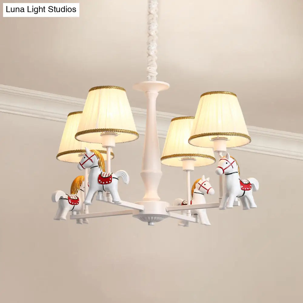 White Cartoon Chandelier With Horse Resin - Pleated Fabric Tapered Ceiling Lighting