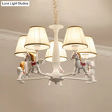White Cartoon Chandelier With Horse Resin - Pleated Fabric Tapered Ceiling Lighting