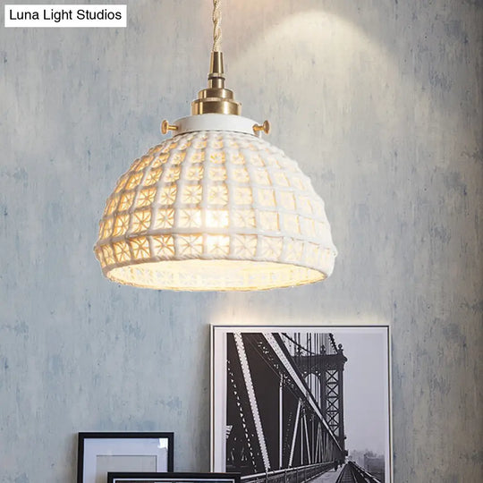 White Ceramic Domed Basket Pendant Lamp - Modern 1-Head Hanging Light For Kitchen Hallway / 6’