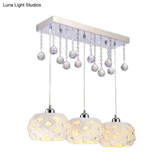 White Drum Hanging Pendant Light With Crystal Ball Accent - 3-Bulb Metal Ceiling Lamp