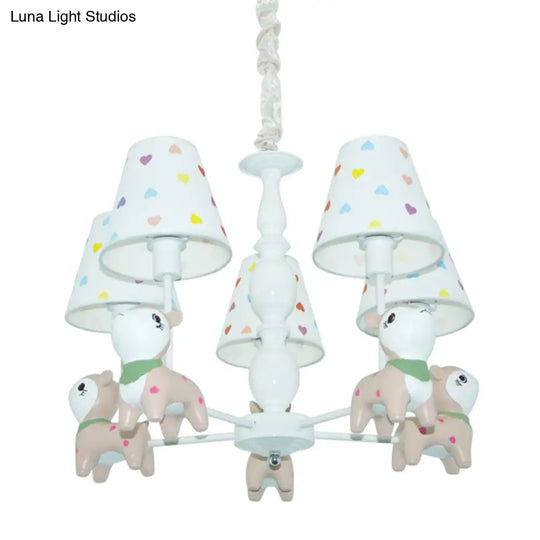 White Fabric Animal Baby Deer Chandelier: 5-Light Pendant Fixture For Kids Bedroom