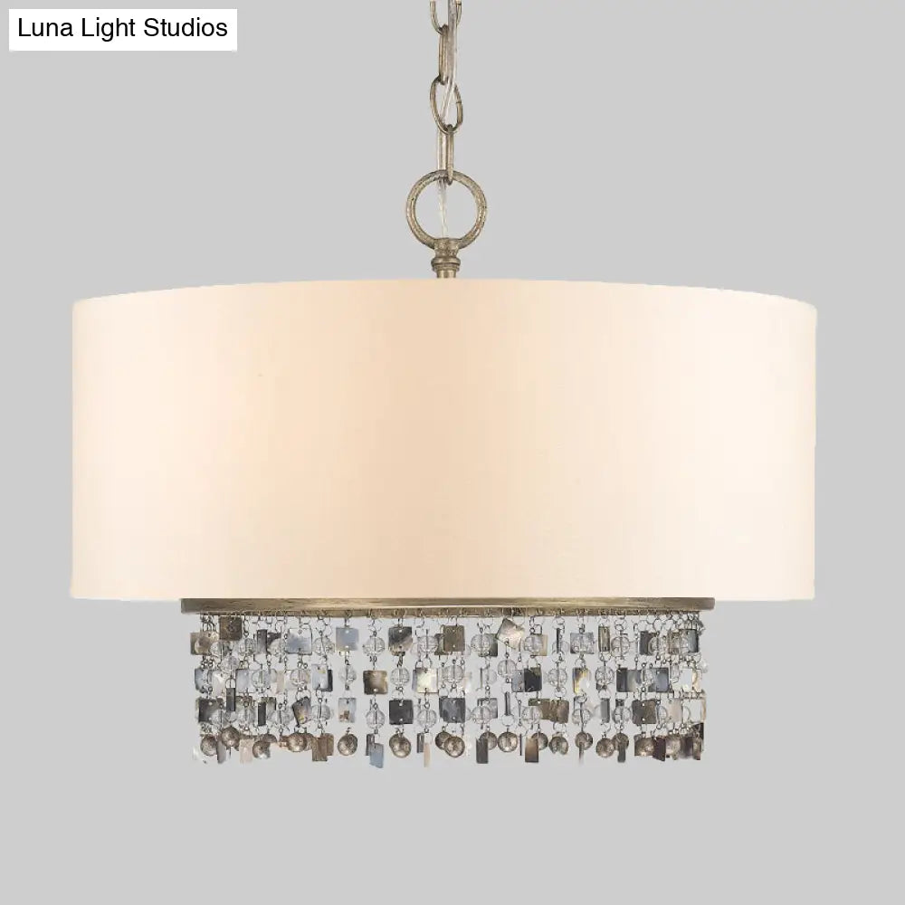 White Fabric Ceiling Chandelier Drum Shade Pendant Light - 5-Light Fixture With Crystal Droplet