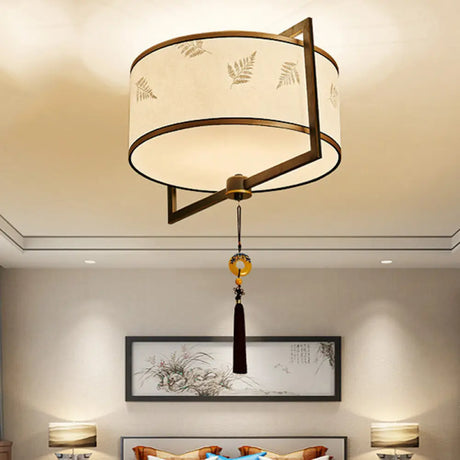 White Fabric Ceiling Mounted Drum Fixture - 5-Light Classic Style Flush Mount Lighting