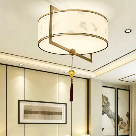 White Fabric Ceiling Mounted Drum Fixture - 5-Light Classic Style Flush Mount Lighting