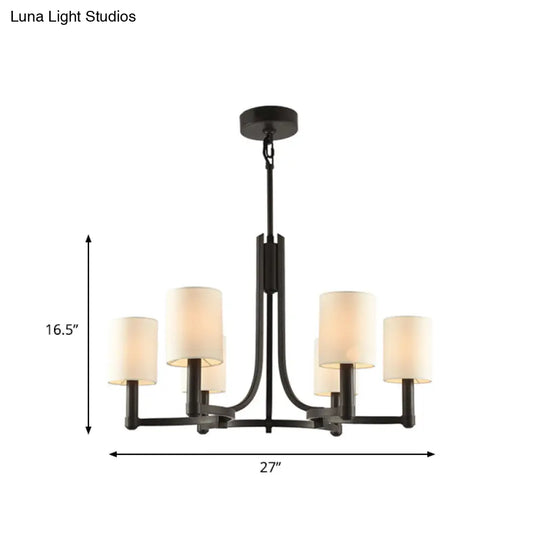 White Fabric Cylindrical Chandelier With 6 Lights - Traditional Living Room Hanging Lamp