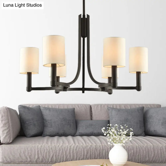 White Fabric Cylindrical Chandelier With 6 Lights - Traditional Living Room Hanging Lamp