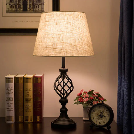 White Fabric Tapered Nightstand Light: 1-Head Transitional Table Lamp With Open Base