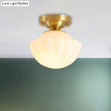 White Glass Brass Flush Lamp - Scalloped/Shell/Trapezoid Design 1 - Light Cottage Ceiling Mount For