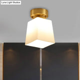 White Glass Brass Flush Lamp - Scalloped/Shell/Trapezoid Design 1 - Light Cottage Ceiling Mount For