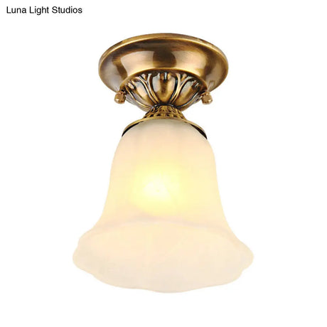 White Glass Ceiling Light Fixture With Classic Brass Bell - 1 Flush Mount For Living Room
