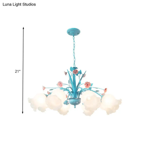 White Glass Chandelier Light - Floral Countryside 8 Bulbs Pendant Lamp For Living Room In Blue