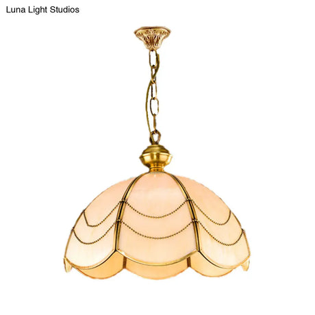 White Glass Chandelier Light - Scalloped Colonial Style Dining Room Pendant Lamp (3 Bulbs)