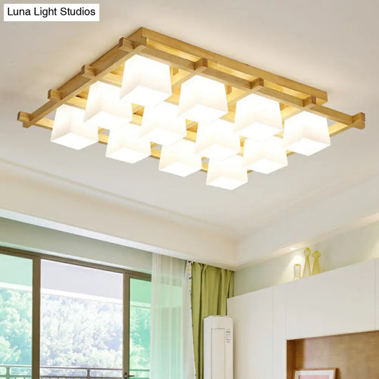 White Glass Cube Ceiling Flush Light - Modern Semi Mount Lighting With Wood Grid