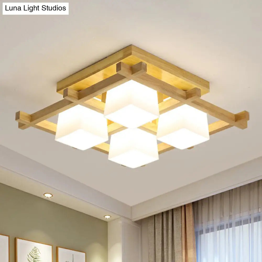 White Glass Cube Ceiling Flush Light - Modern Semi Mount Lighting With Wood Grid