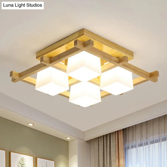 White Glass Cube Ceiling Flush Light - Modern Semi Mount Lighting With Wood Grid