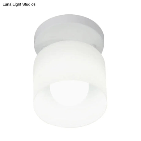 White Glass Cylinder Flush Ceiling Light With Simple Design And 1 Bulb