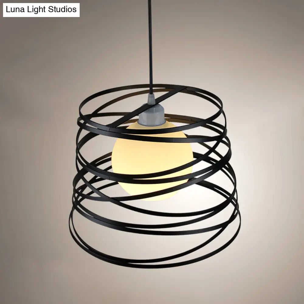 White Glass Domed Suspension Light - Loft Style Single Pendant With Black Wire Guard
