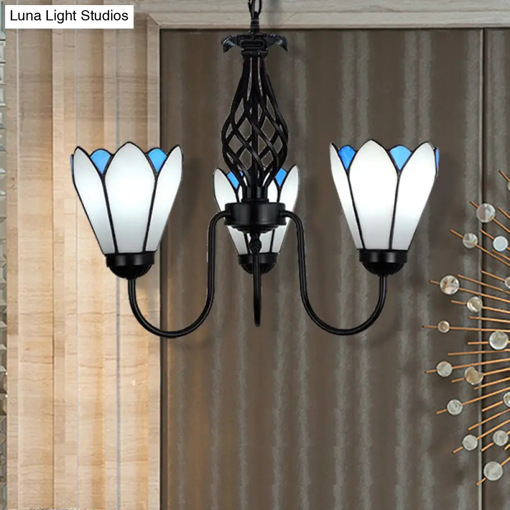 White Glass Floral Chandelier With Curved Arm - 3-Light Hanging Ceiling Fixture For Traditional