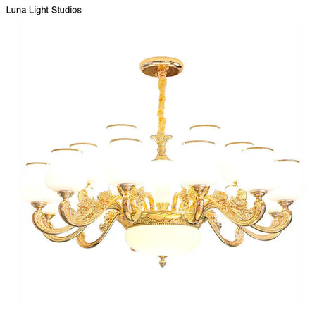 White Glass Gold Chandelier With Tapered Drop Pendant And Scrolled Arm Design