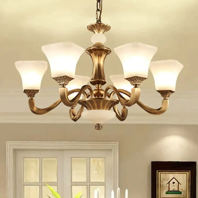 White Glass Pagoda Up Chandelier Traditional 3/6-Head Bedroom Hanging Pendant Light In Brass