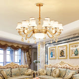 White Glass Pendant Chandelier With Crystal Draping For Living Room - Classic Bud Lighting 18 /