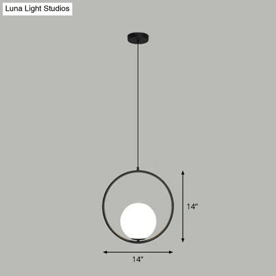Simple White Glass Pendant Light With Metal Ring - Ball Ceiling Lamp Black / 14