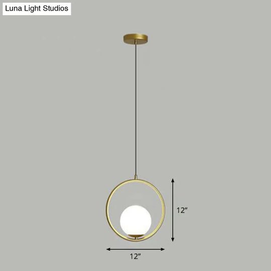 Simple White Glass Pendant Light With Metal Ring - Ball Ceiling Lamp Gold / 12