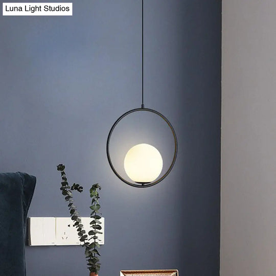 White Glass Pendant Light With Metal Ring - Simple Ball Ceiling Lamp