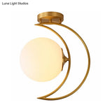 White Glass Semi Flush Ceiling Light With Nordic Style Gold Crescent Design