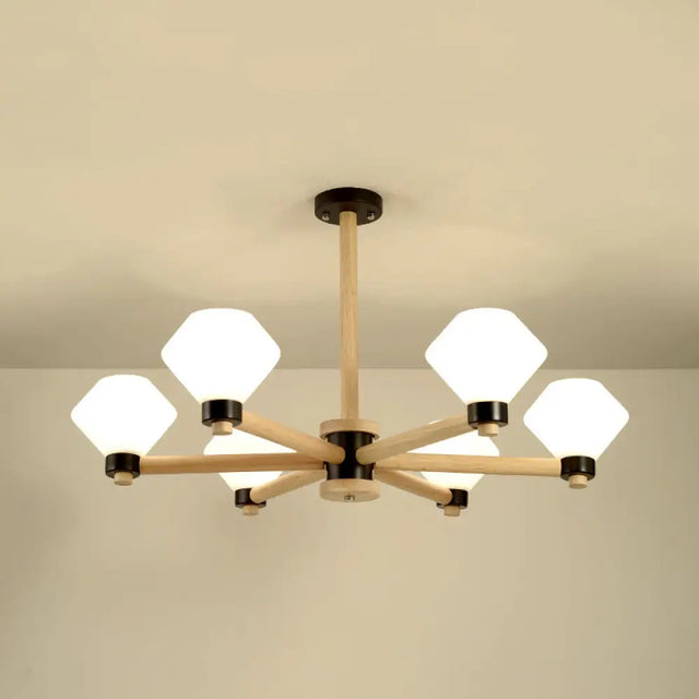 White Glass Urn Pendant Light - 6-Light Nordic Wood Hanging Lamp For Living Room