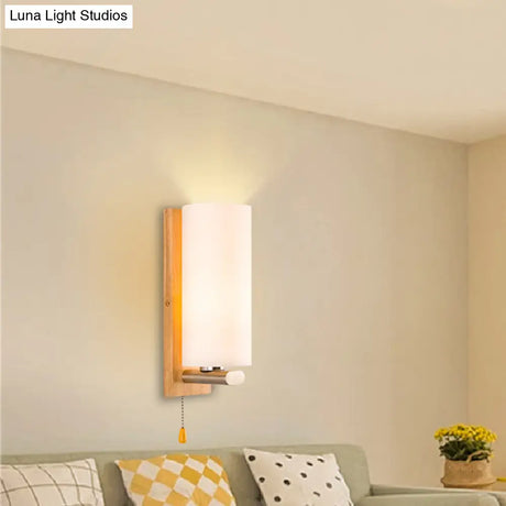 White Glass Wall Sconce - Cylindrical Bedside Light With Pull Chain