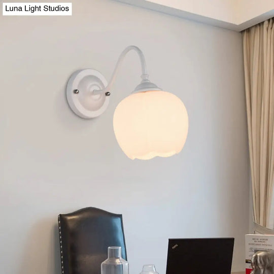 White Glass Wall Sconce With Gooseneck Arm - Countryside Flower Bud Lamp