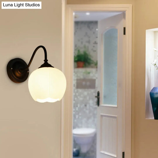 White Glass Wall Sconce With Gooseneck Arm - Countryside Flower Bud Lamp