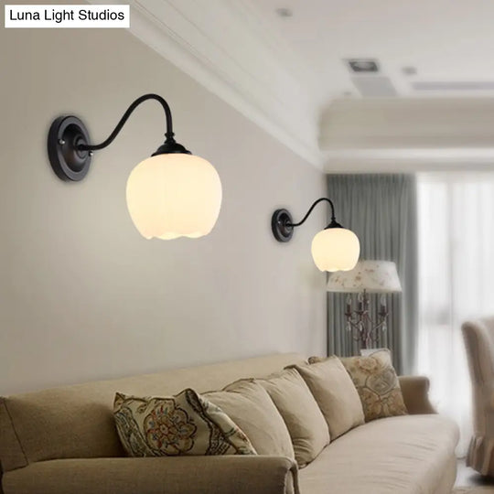 White Glass Wall Sconce With Gooseneck Arm - Countryside Flower Bud Lamp